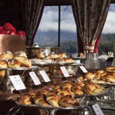 Buffet table with delicious traditional Argentine pastry. In the large windows you can see the exterior view of the forests and the lake.