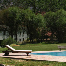 Pool view in the middle of a garden with deck chairs. View of a grove that surrounds the main building of the hotel.